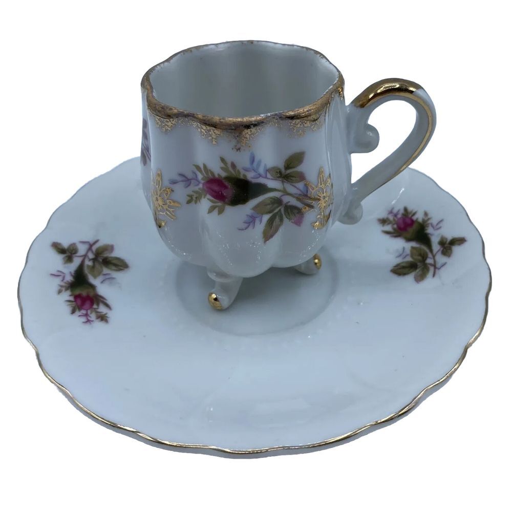 Lefton Japan Rose Bud Gold 3 footed‎ Bone China Demitasse Marked "III" Gold Trim